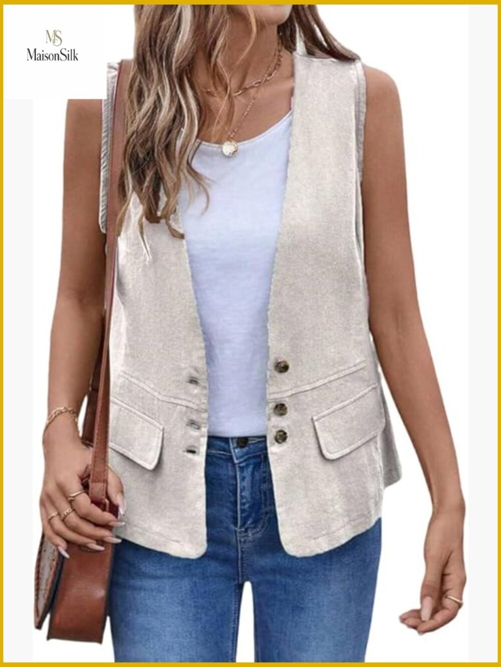 Cotton Linen Vest Sleeveless Blazer Lightweight Button Down Casual